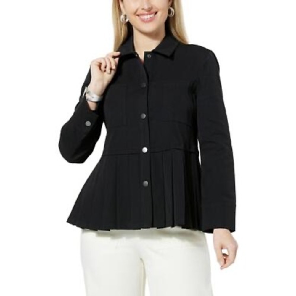 WynneLayers Black Pleated Peplum Jacket Women L Snap Front Stretch Twill Utility